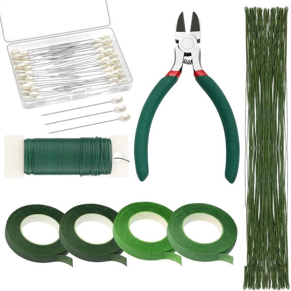TOEVER Floral Tape and Wire Arrangement Kit - 26 & 22 Gauge Floral Wire, Green Floral Tape, Boutonniere Pins, Wire Cutter for Bouquet Stem Wrap, Wreath Making and Florist Supplies