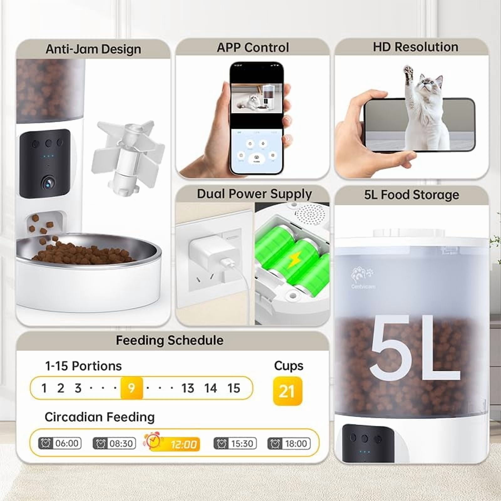 RKXQT 5L Automatic Cat & Dog Feeder with WiFi Camera, 1080P HD Video, Night Vision, 2-Way Audio, App Control, Low Food & Motion Alerts, Smart Pet Feeder for Cats & Small Dogs
