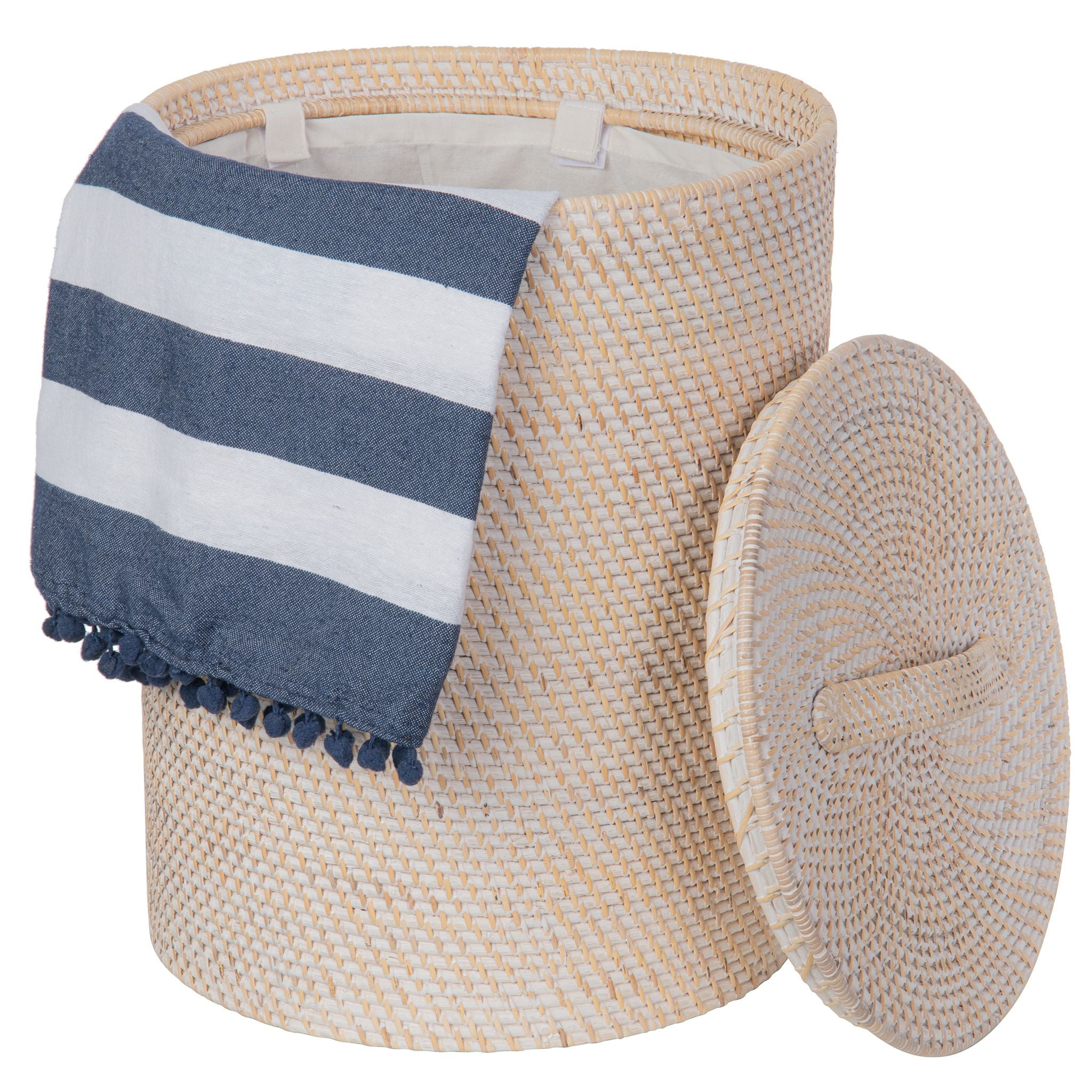 Kouboo Loma Round Rattan Hamper, Handmade Wicker Laundry Basket with Lid & Removable Liner, Honey Brown