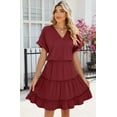 thumbnail image 6 of Womens Summer Dresses Casual Smocked V Neck Flutter Sleeve Cute T Shirt Sundress Solide Color Midi Beach Vacation Dresses (Wine red,Small), 6 of 6