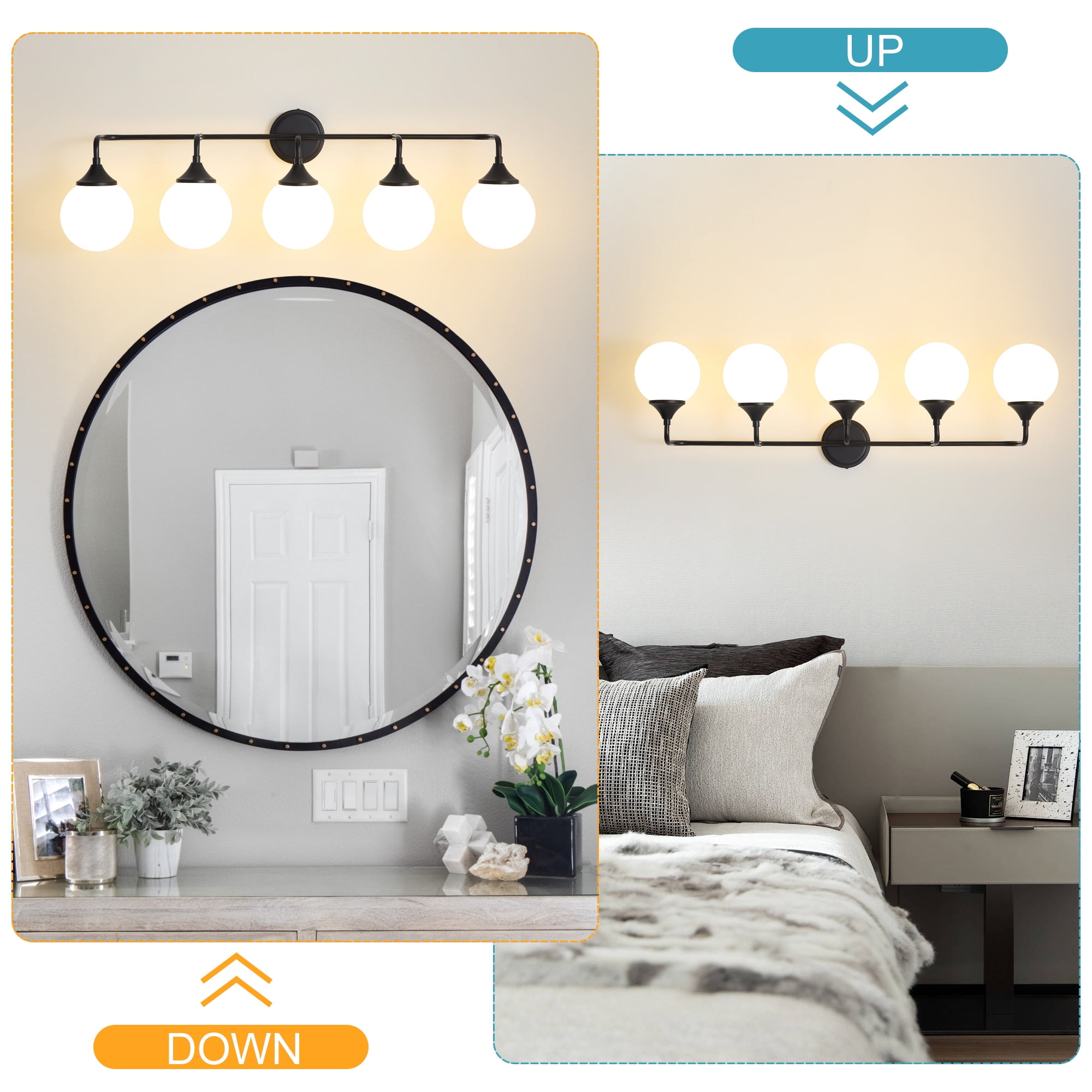 Deyidn 5-Light Black Modern Vanity Light, 39 Inch Dimmable Bathroom Light Fixture with Opal Glass Globes for Mirror