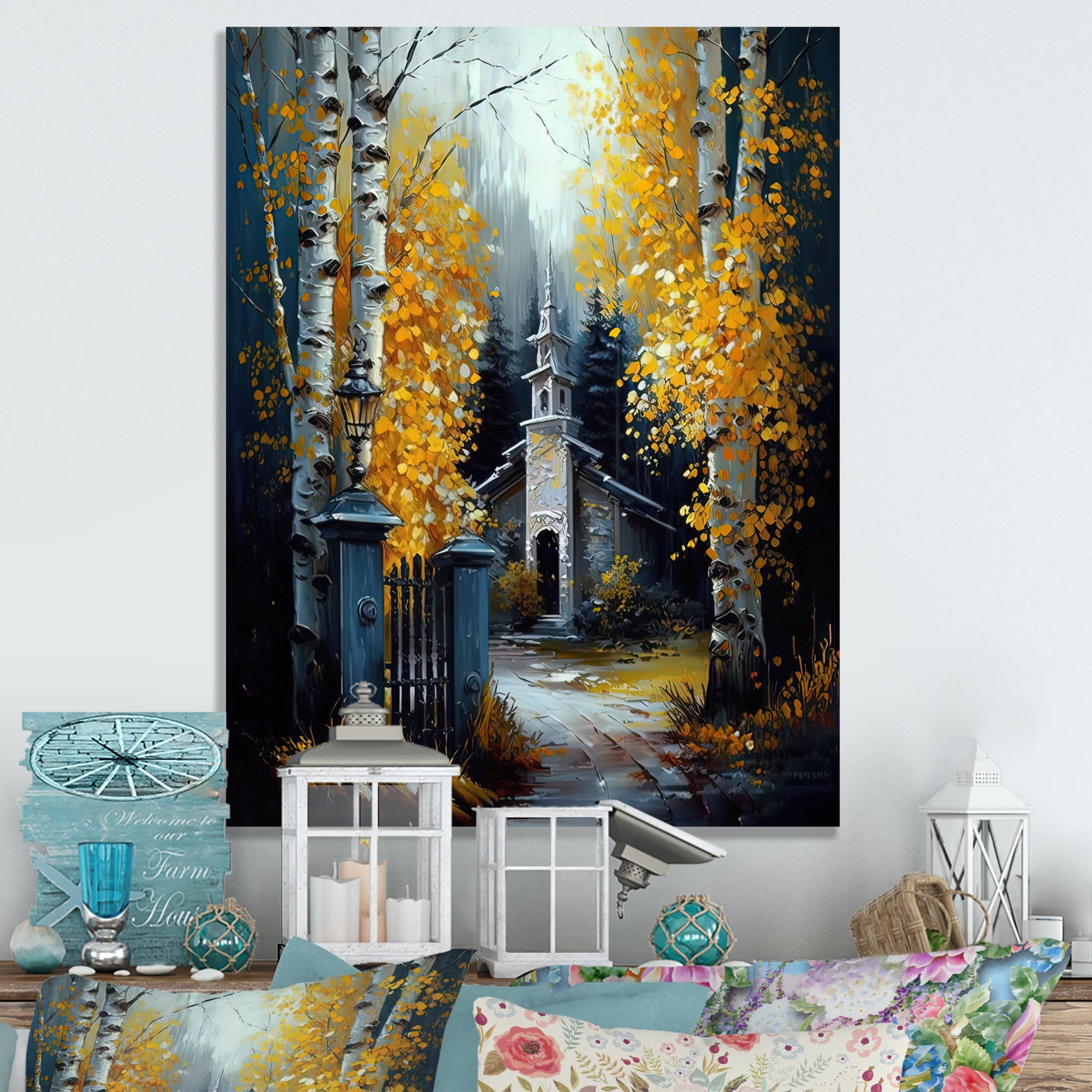 Designart Church In Forest In Autumn III Canvas Wall Art