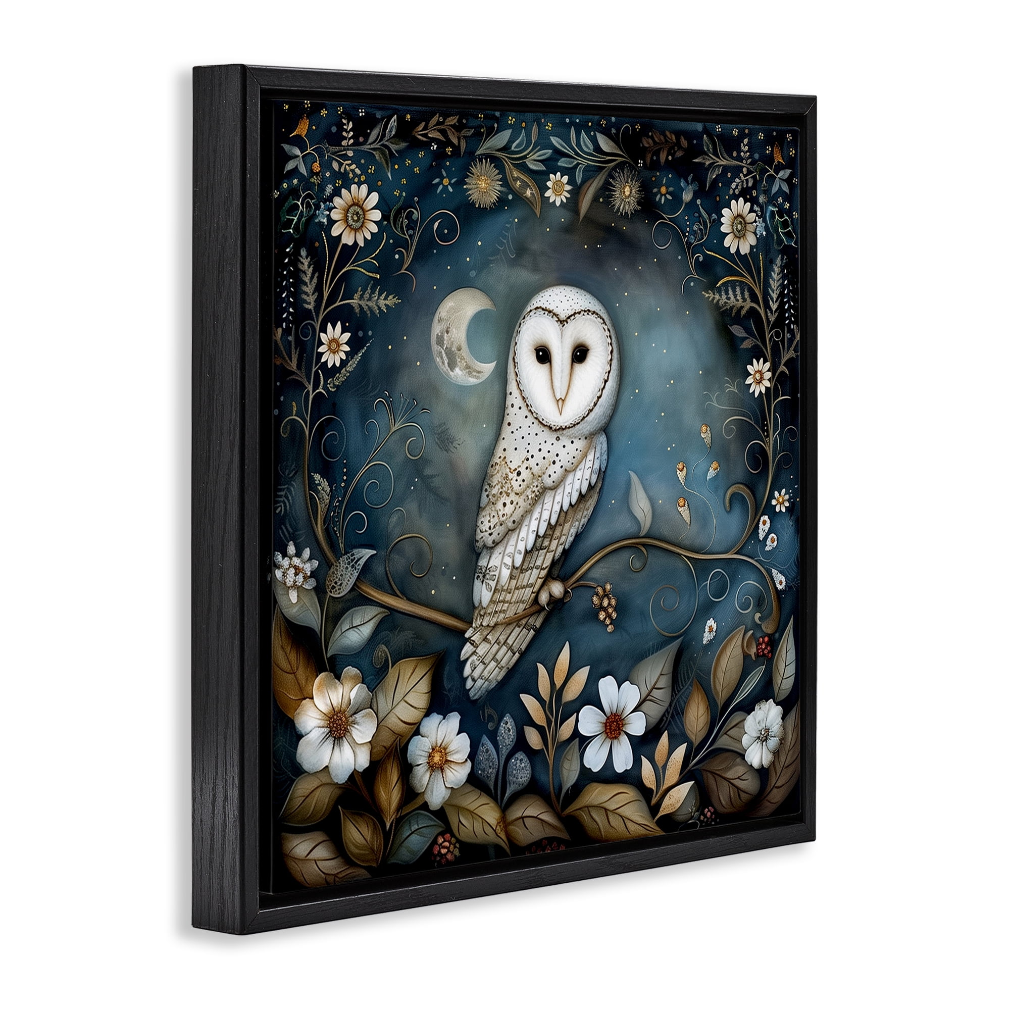 Stupell Industries White Owl Forest Scene Animals Painting Black Floater Framed Canvas Art Print Wall Art, 18 x 18