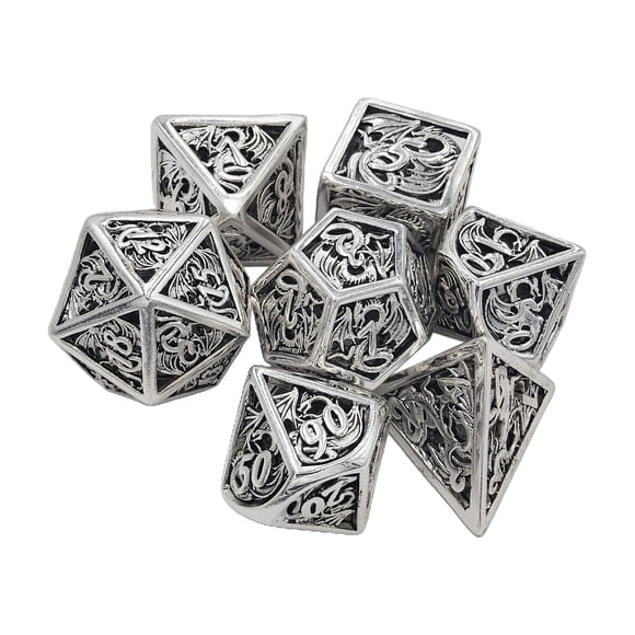 7Pcs Metal Polyhedral s, D4-D20 Die, D20 D12 D10 D% D8 D6 D4 Dragon Pattern for Party Favors, Entertainment, Board Game, Math Teaching, Bronze Sliver