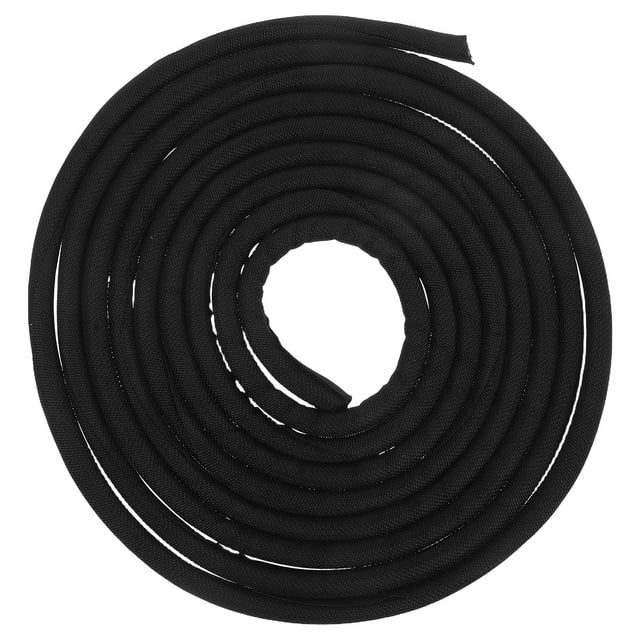 Self Wrapping Cable Sleeve Dog Cat Cord Protector for pet chewing prevention, displayed in a coiled black design. Constructed from durable polyester, it measures 300 cm in length and 8 mm in diameter. Suitable for organizing and protecting electric cables in homes, offices, and industrial environments.