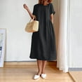 thumbnail image 3 of Abcnature Womens Maxi Dress, Women Solid Round Neck Short Sleeve Cotton Linen Dress, Plus Size Summer Casual Long Dresses, Wedding Guest Dresses Beach Party Dress Black L, 3 of 4