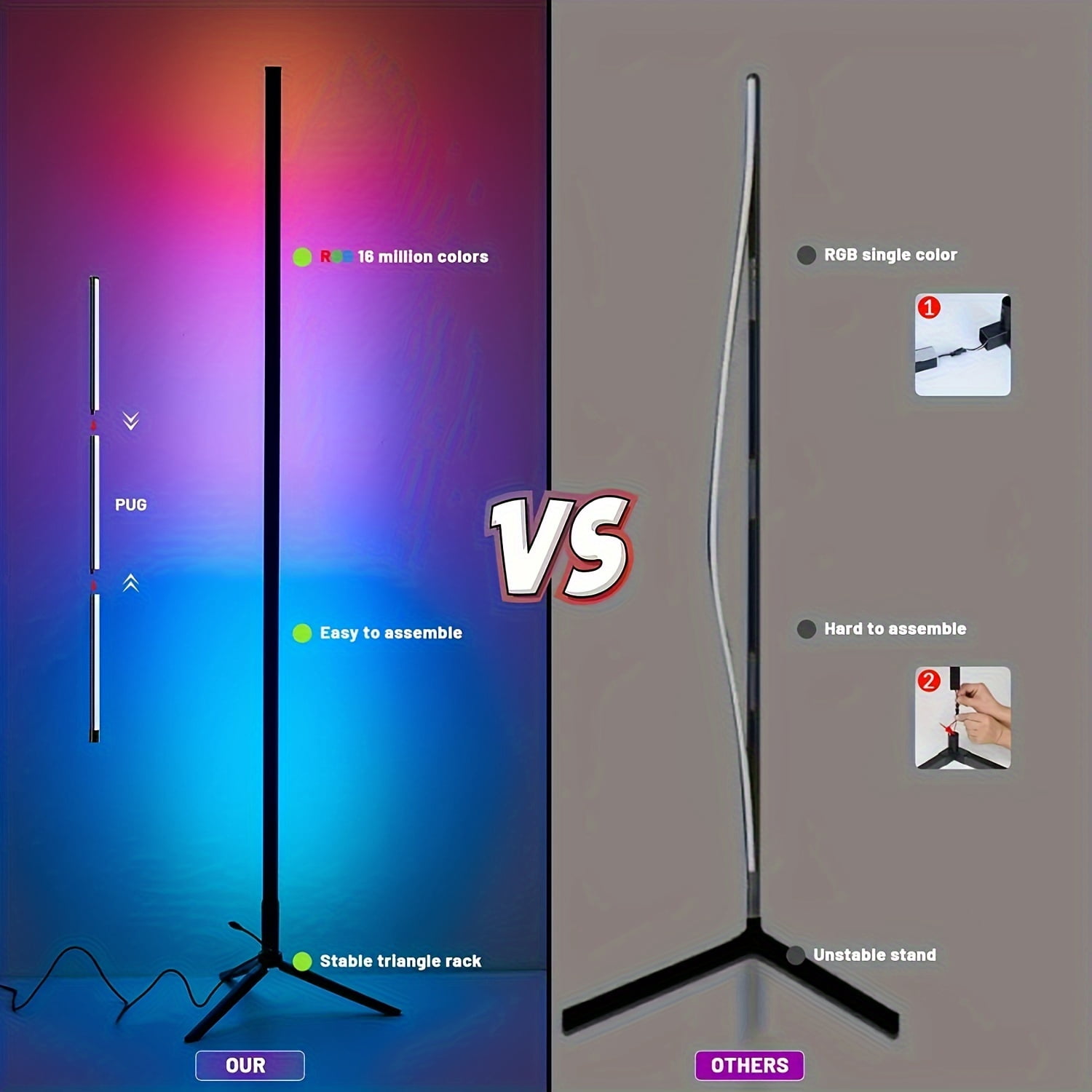 HOODINK 2 Pack Corner Floor Lamp, 59" RGB LED Corner Lamp with Music Sync, 16 Million Colors LED Lamp with Smart App & Remote Control for Bedroom, Living Room Gaming Room