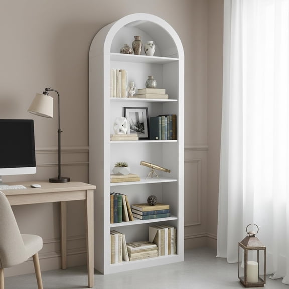 DIYART 75.2" Tall Arched Bookshelf, 6-Tier Modern Bookcase, Freestanding Curved Etagere Display Rack, Wood Storage Shelving Unit for Living Room, Home Office, White