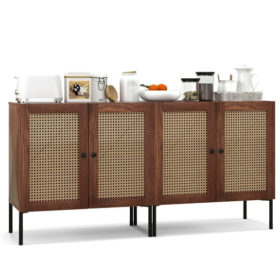 Costway Set of 2 Rattan Buffet Sideboard Wine Cabinet Cupboard w/Adjustable Shelf Walnut