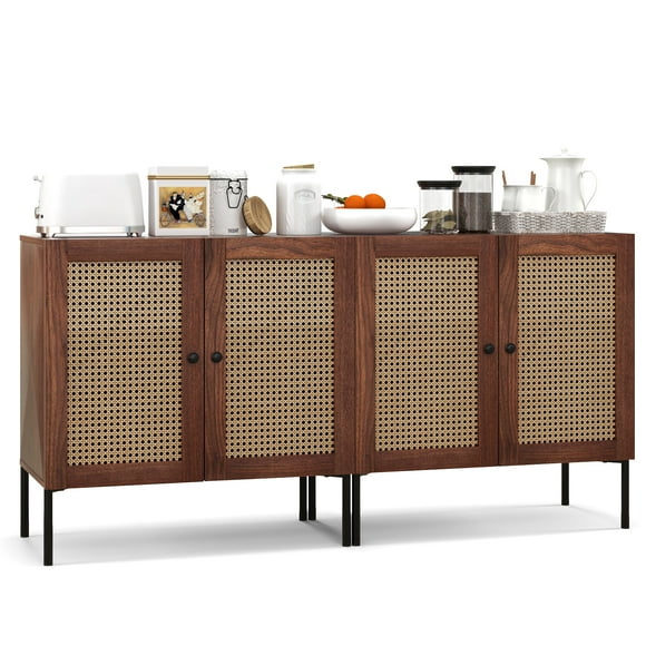 Costway Set of 2 Rattan Buffet Sideboard Wine Cabinet Cupboard w/Adjustable Shelf Walnut