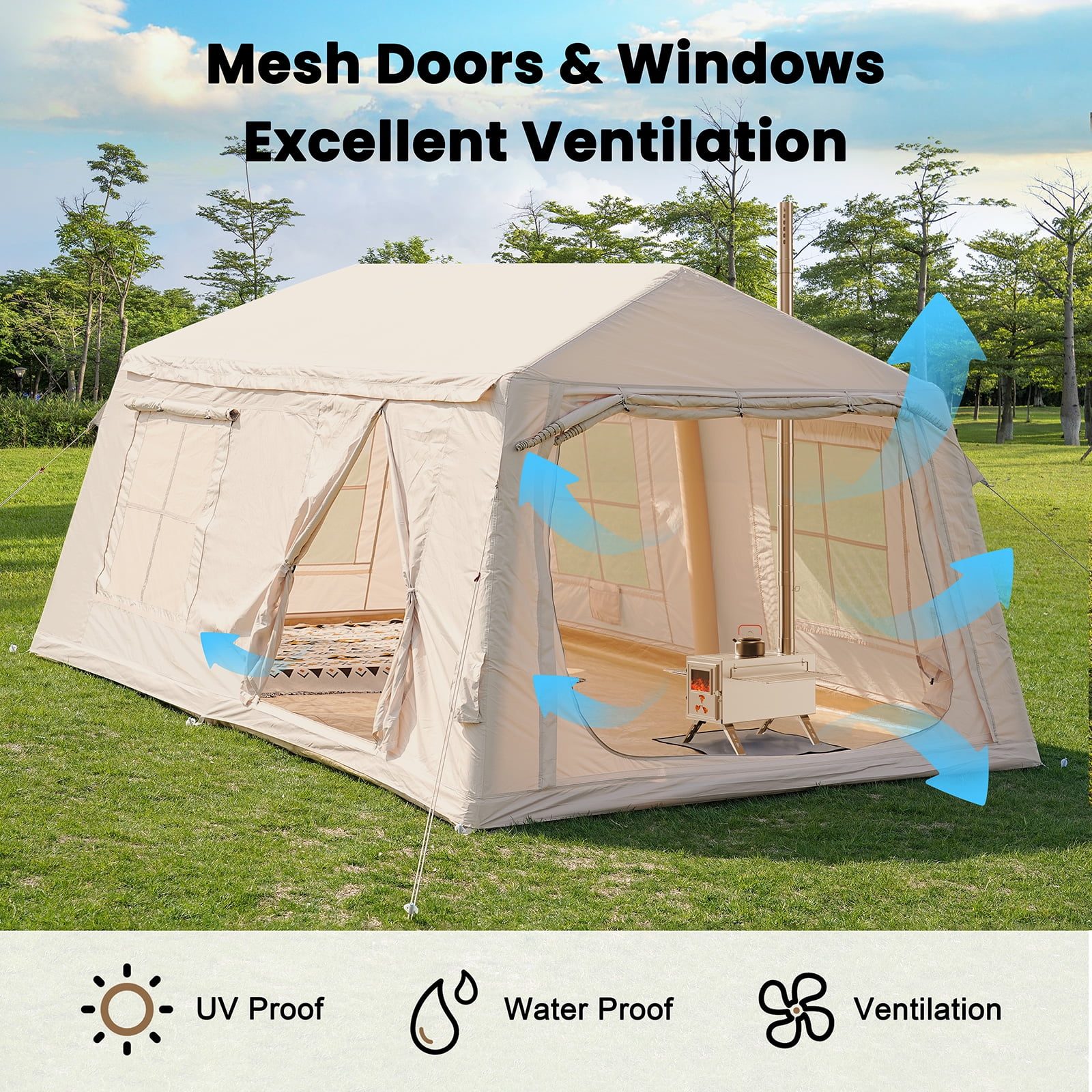 Slsy 8-10 Person Inflatable Camping Tents with Canopy, Air Glamping Tents w/ Hand Pump & Carry Bag, Easy Setup Waterproof Windproof Blow up Tent, 4 Seasons Oxford Cabin Tent with Mesh&Chimney Window