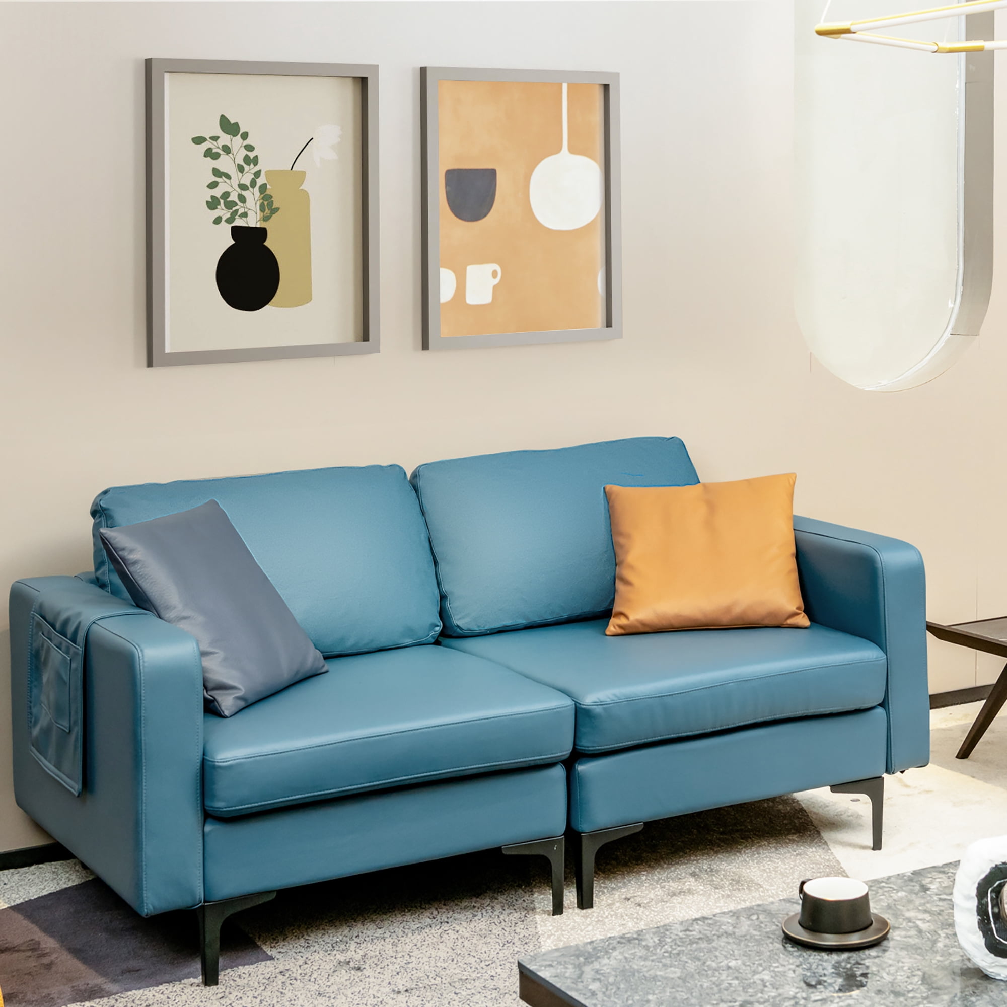 Costway Modern Loveseat Leathaire Fabric 2-Seat Sofa Couch w/ Side Storage Pocket Blue