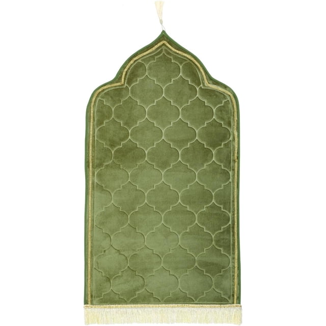 Muslim Prayer Rug Gold Rimmed Soft Thick Flannel Prayer Carpet Mat 25.5x45 Inch One of Three Random Patterns, Pea Green