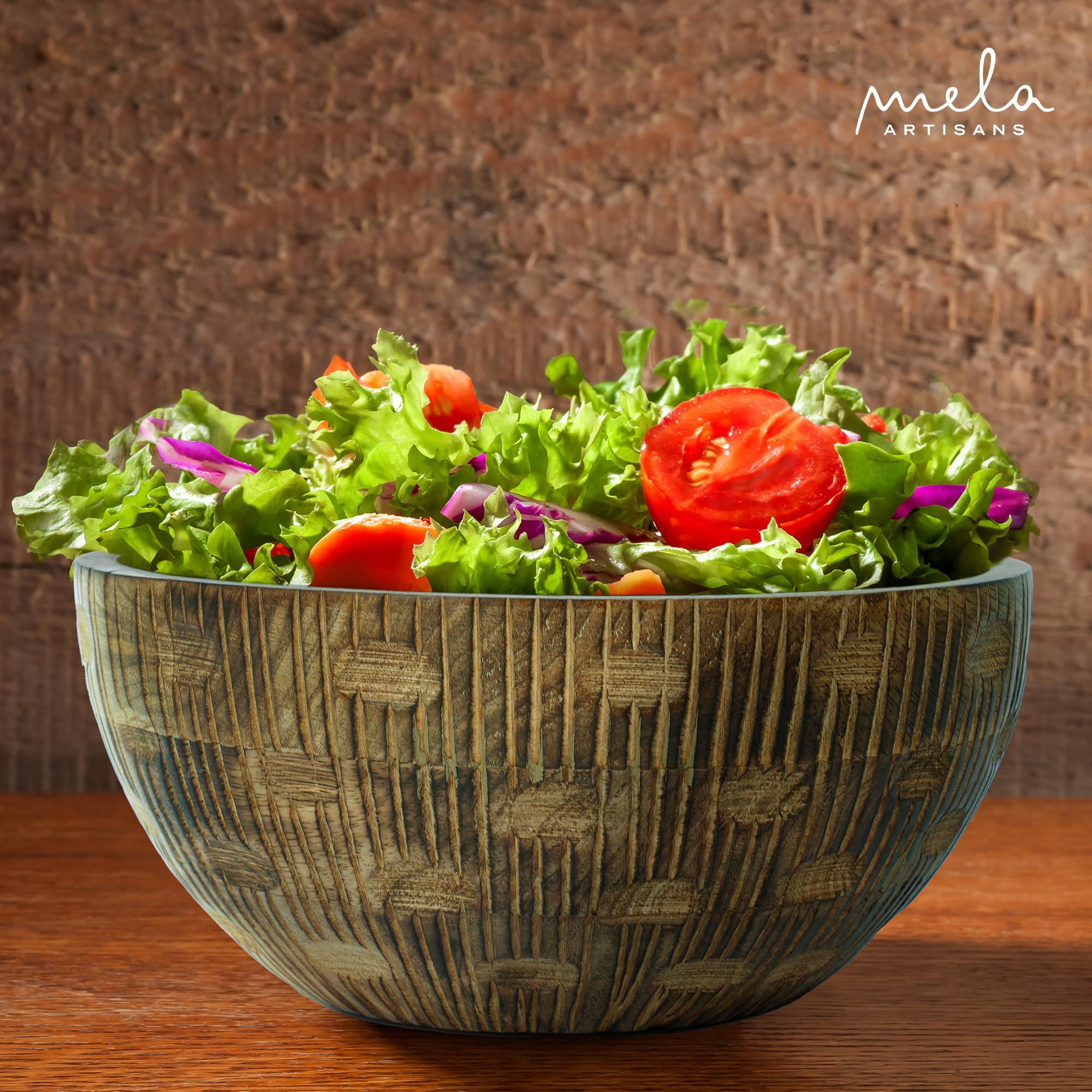 Mela Artisans Hand-Carved Wooden Serving Bowl, Medium Burnt Finish, 9 x 4 x 4 Inch Decorative Salad Bowl for Fruits, Snacks, Dry Foods & Tabletop Décor