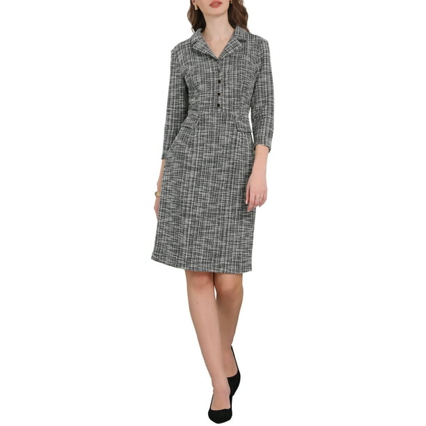 Vestido de tweed con cuello de solapa y botones para mujer de manga 3/4 M