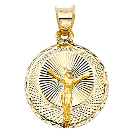 - 14k 3-Tone Gold Polish 3/4 inch Jesus Pendant Crucifix Religious Charm Medal Necklace Round Circle Disc