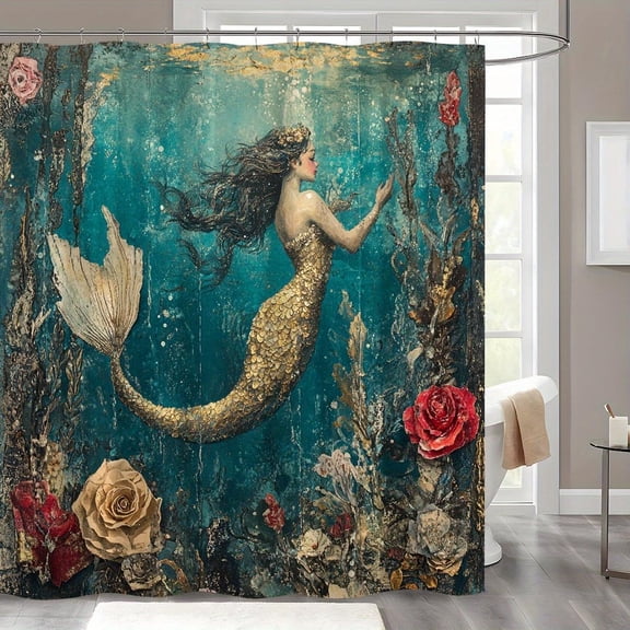 Mermaid Shower Curtain, Underwater Fantasy Print Bathroom Decor, 70x70 Inch