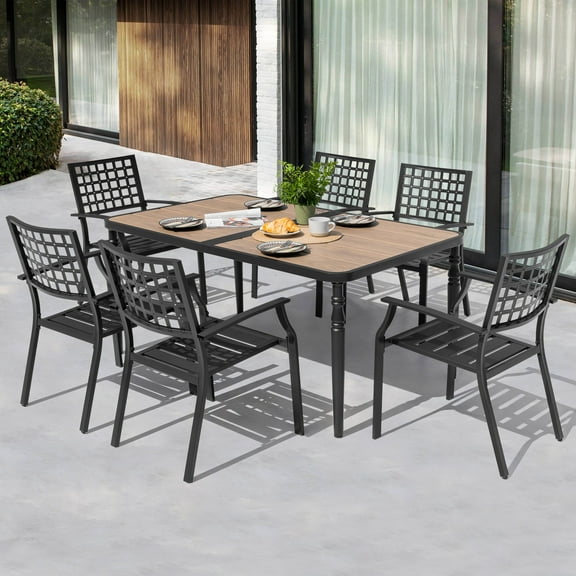 Nuu Garden 7-Piece Outdoor Dining Chair and Table Set, 6 Stackable Metal Dining Chairs, 61" x 37" Rectangle Metal Dining Table with 1.6" Umbrella Hole, for Backyard, Deck, Yard, Garden, Black