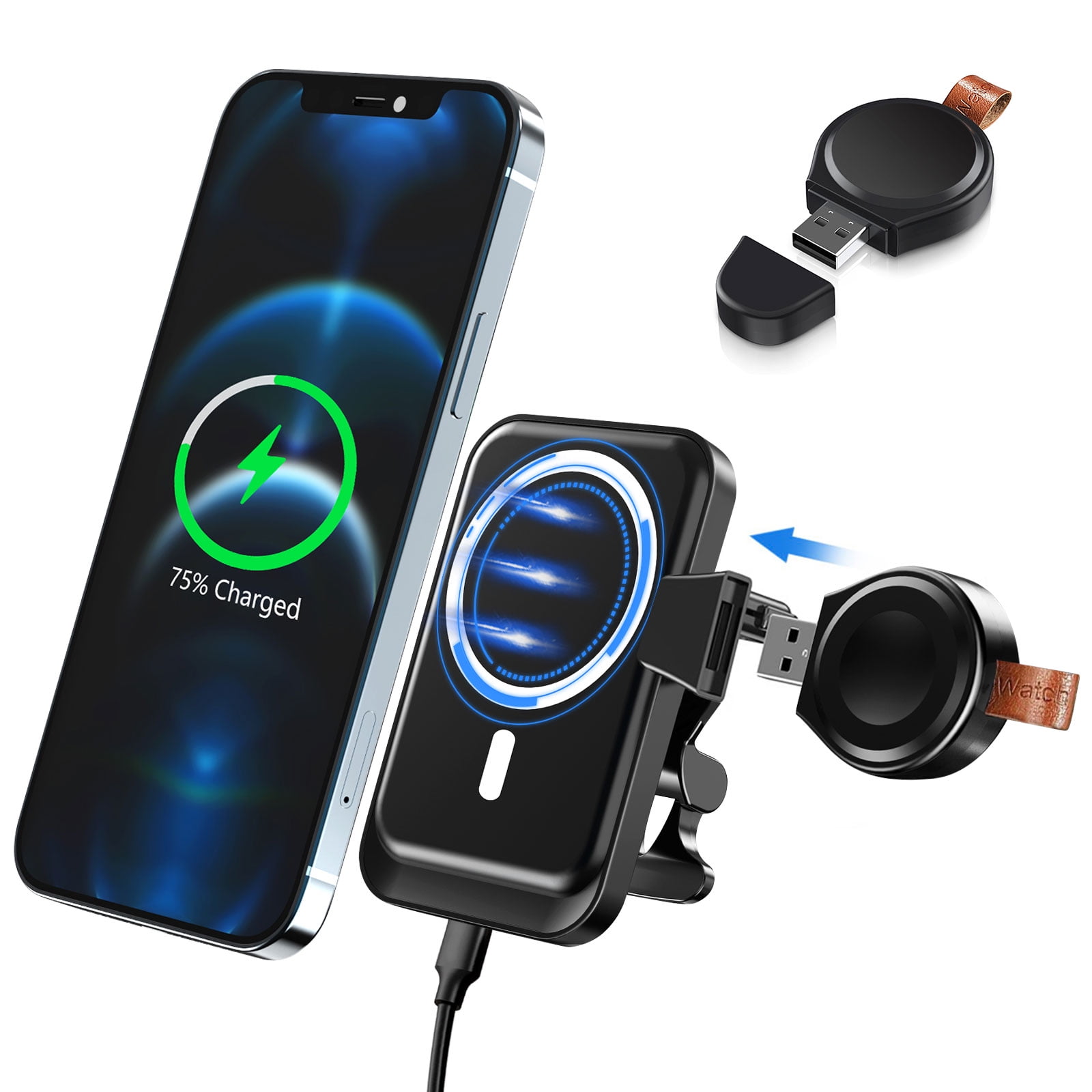 Rotate 360 Degrees Silver, Long-Clip Wireless Charging and Super Fast Charging Car Phone Holder Compatible with iPhone 12/12 Pro/11 Pro Max/8 Plus/8/X/XR/XS/SE Samsung Galaxy Note 10 Plus 