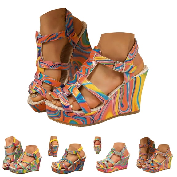Dakaela Women's Wedge Sandals Comfortable Open Toe Platform Casual Dressy Summer Dress Shoes with Elastic Ankle Strap Size 6-9 Orange