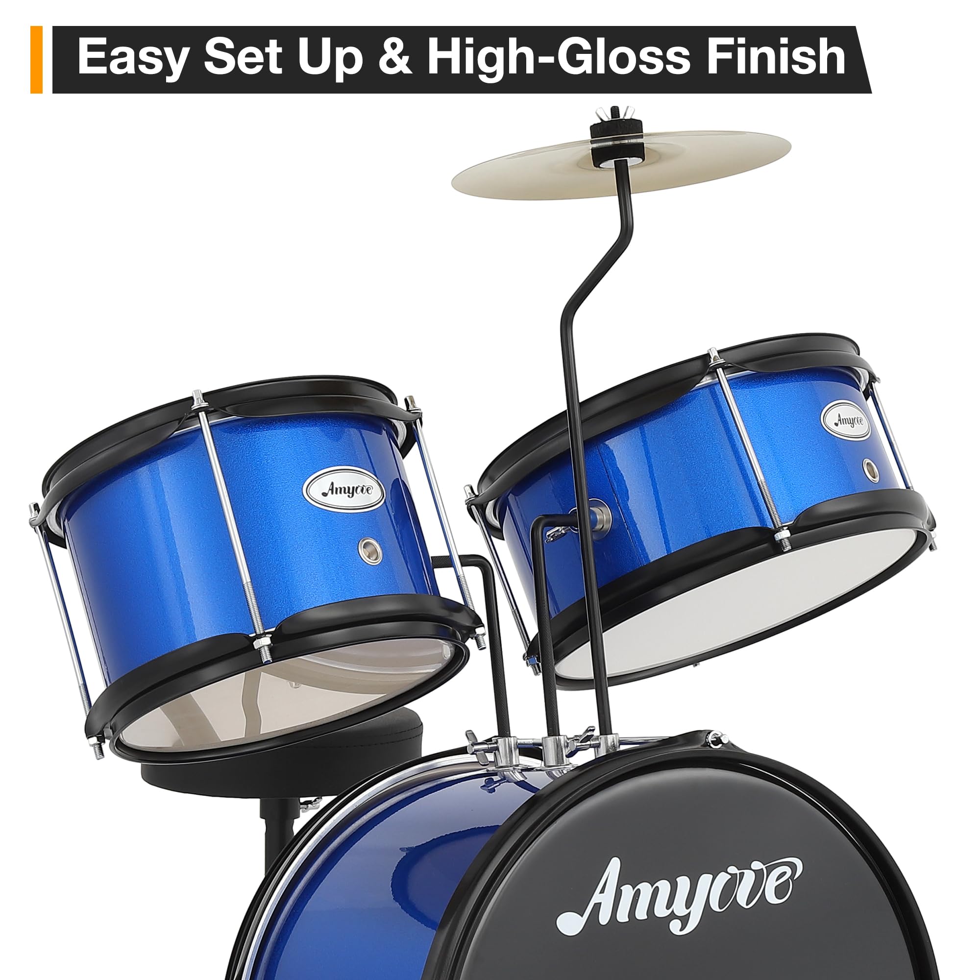 Senfot Drum Set, 1 Wood/Metal AD-100 Three Drums Set, Beginner Set Includes Bass, 2 Toms, Cymbal, Sticks, Bass Pedal and Stool, Percussion Musical Instrument Birthday Playsetl (Blue, 3-Piece)