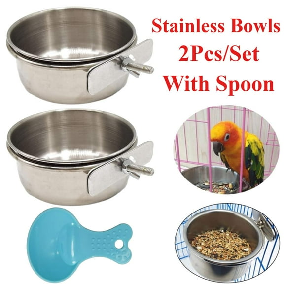 2pcs Bird Feeding Dish Cups with Spoon,Parrot Food Bowl Clamp Holder-Stainless Steel Coop Cup,Bird Cage Water Bowl for Parakeet African Greys Conure Cockatiels Lovebird Budgie Chinchilla,Springtok