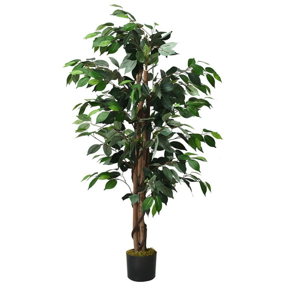Costway 4 Feet Artificial Ficus Silk Tree Wood Trunks Green In/Outdoor Home Decor