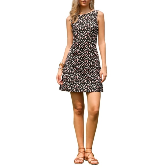 INSPIRE CHIC Floral Tank Dress for Women's Sleeveless Boat Neck A-Line Summer Mini Sundress XS Black