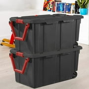 40 Gallon Wheeled Industrial Tote Plastic Storage Tote, Black, Set of 2