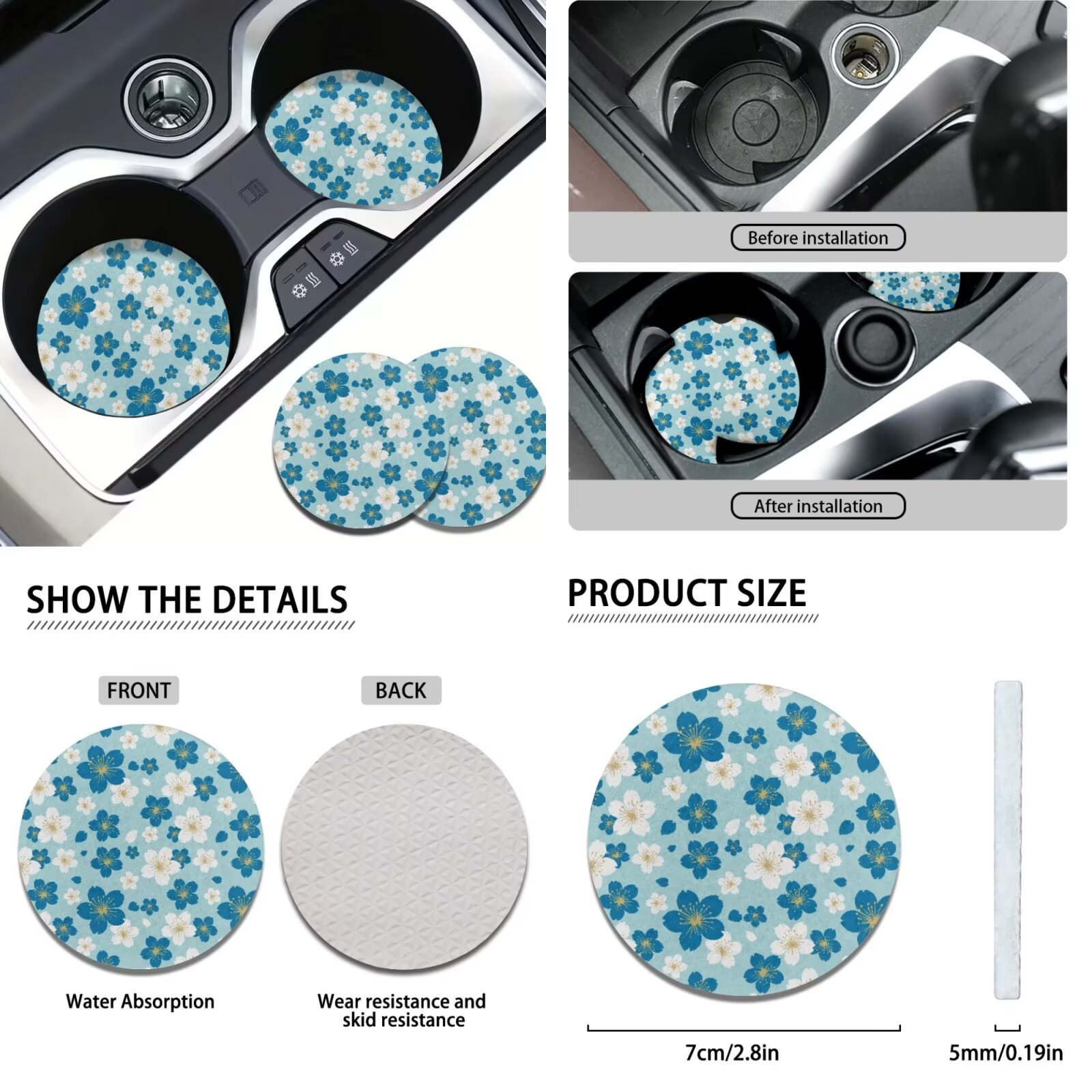 Garronmavis Blue Cute Flower Car Seat Covers Full Set, Breathable Air Polyester Car Seat Cover, Steering Wheel Cover Gear Shift Cover Handbrake Cover Headrest Cover Cup Coasters Universal Fit