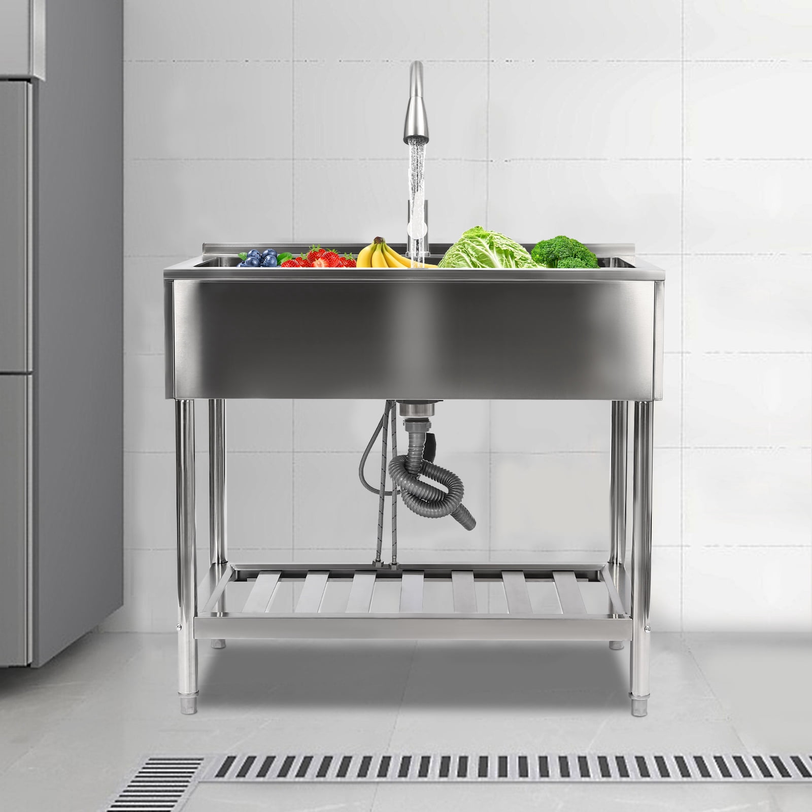 Miumaeov Utility Sink Freestanding Single Bowl Kitchen Sink Stainless Steel Sink with with Hot and Cold Dual Tap Freestanding