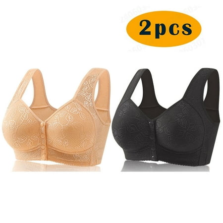 Crunowin 2Pc Women s Plus Size Bra Wireless Front Button Closure  Soft Lace Gathering Casual Comfort Bras Black 3XL