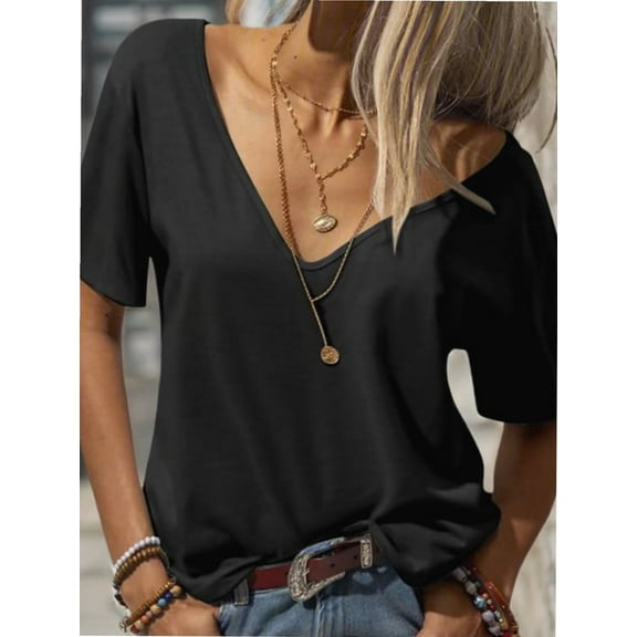 Women Large V-Neck Short Sleeve Bottoming Shirt