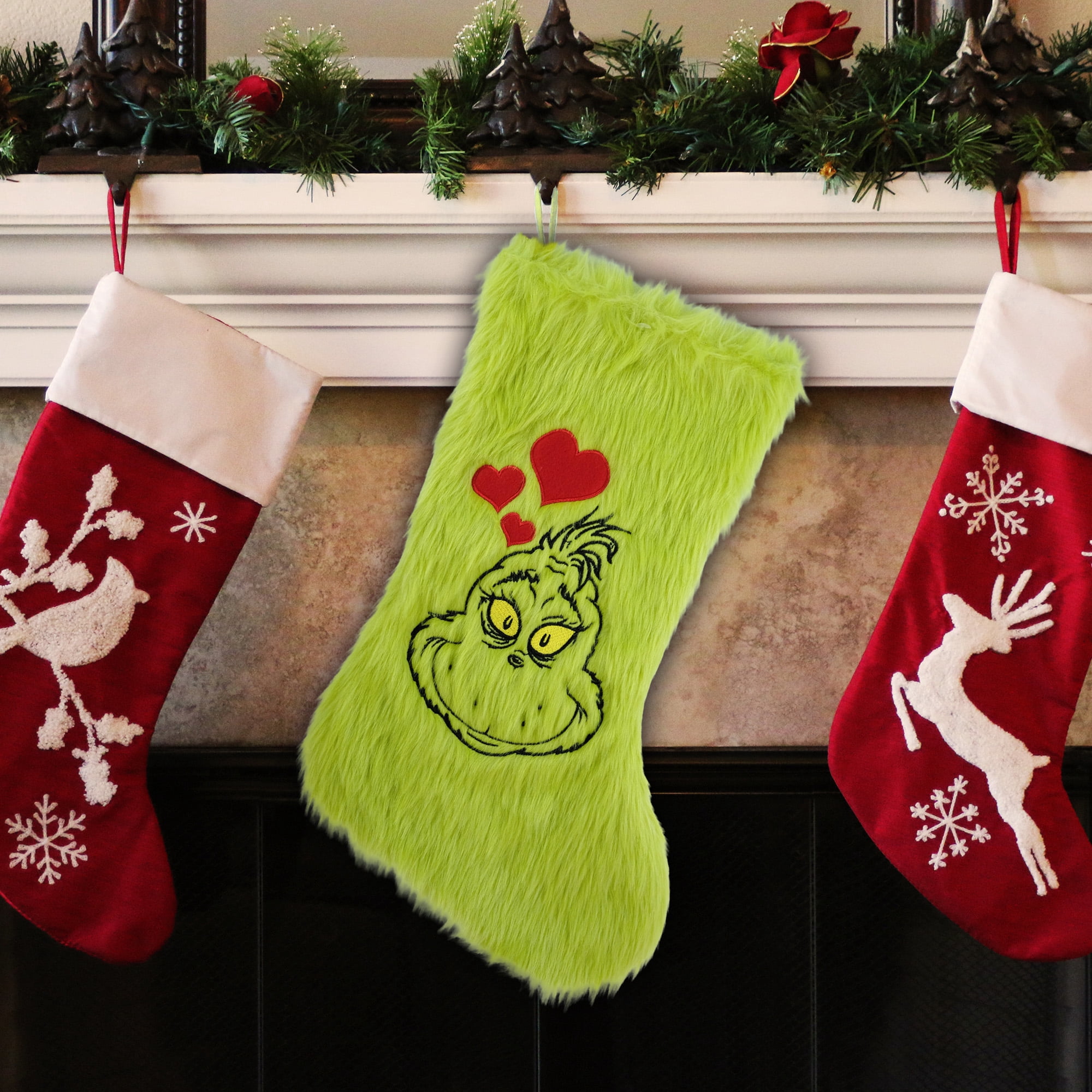 Grinch 20 Inch Furry Christmas Stocking with Heart Design - Holiday Decor