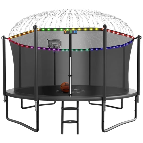 YORIN Trampoline, 1200LBS 12FT 14FT 15FT 16FT Trampoline for 4-5 Kids Adults with Enclosure Net, Basketball Hoop, Ladder, Light, Sprinkler, Outdoor Heavy Duty Round Trampoline