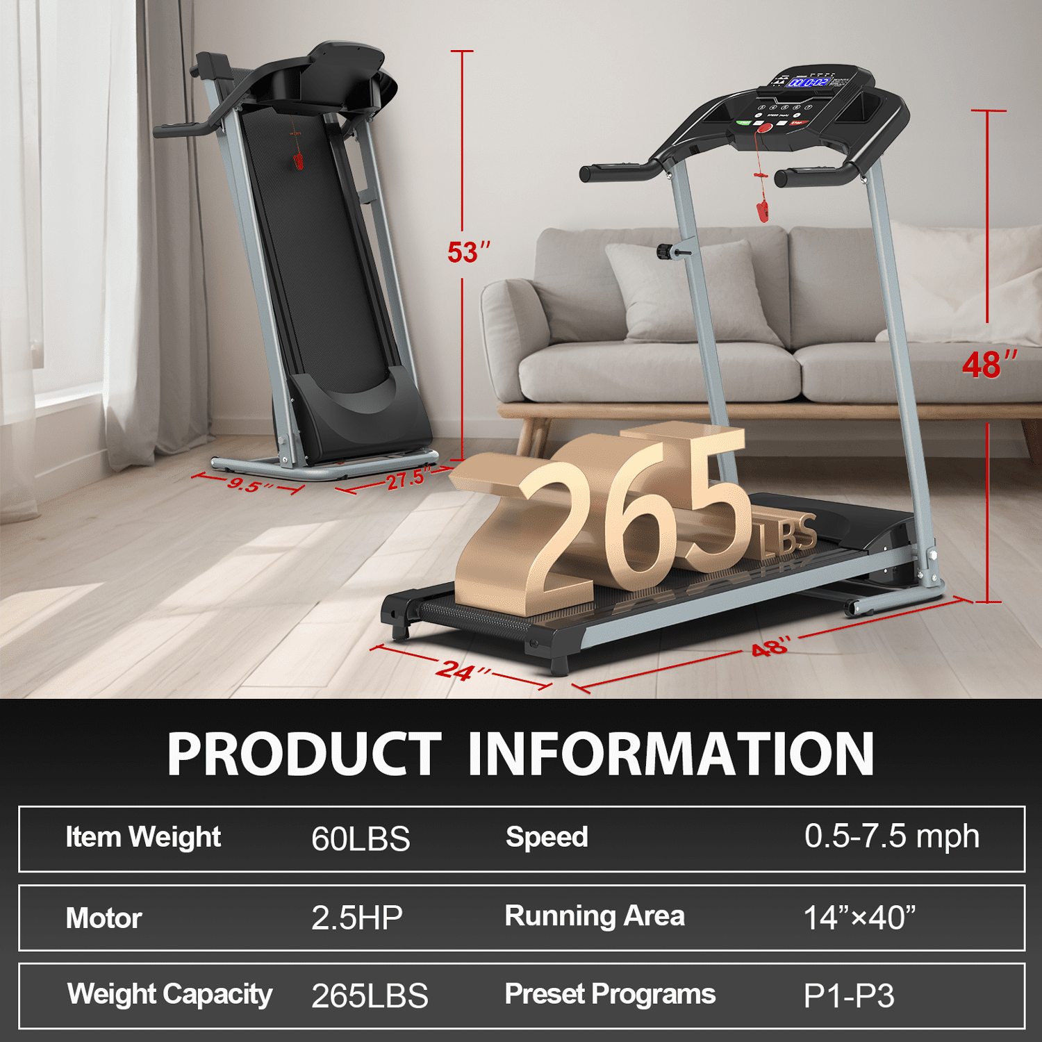 FLIMDER Foldable Treadmills for Home, 2.5HP Quiet Brushless, 7.5 MPH, Electric Running Machine For Home Office, Walking Running Exercise Treadmill with Heart Rate Sensor and LCD Display