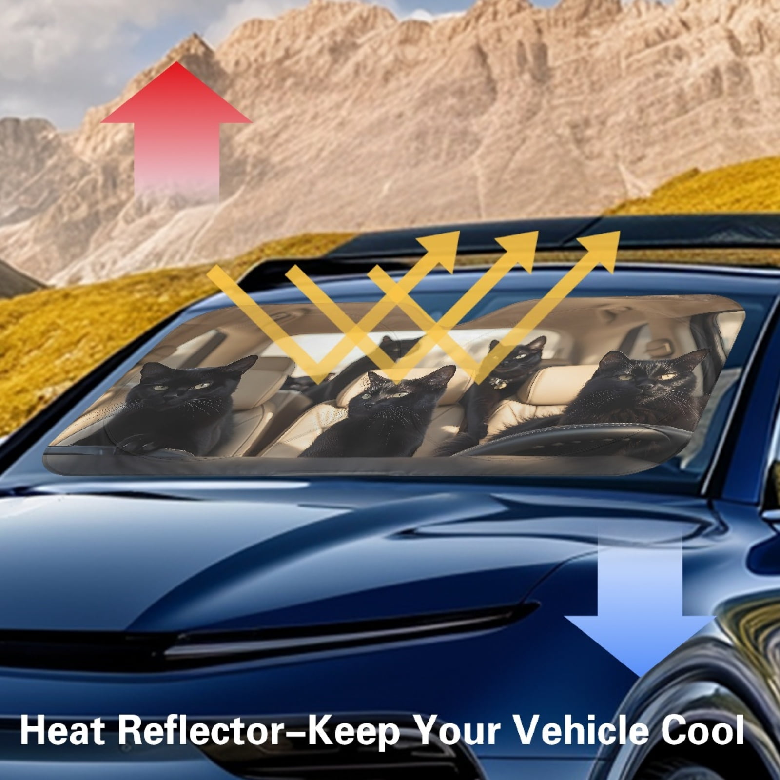 Jeiento Black Cat Car Front Windshield Sun Shade Windshield Cover Foldable Automotive Interior Accessories for Sun Protection Heat Reflector-Keep Your Vehicle Cool