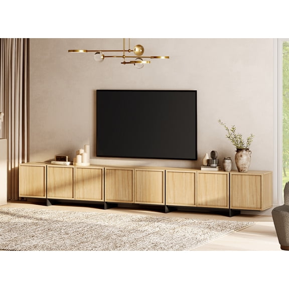 WAMPAT Modern TV Stand for 32-110 inch TVs, Wood Entertainment Center with Storage Cabinets, Media TV Console Table for Living Room, Oak