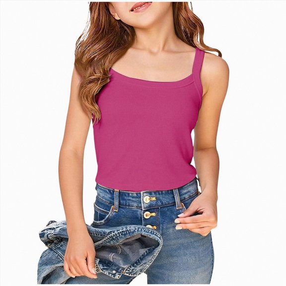NIEWTR Girls Ribbed Knit Tank Tops Slim Fit Crew Neck Sleeveless Shirts Kids Summer Camisole Basic Undershirts(A-Hot Pink,15-16 Years)