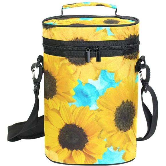 Retro Sunflowers Insulated 2 Bottle Wine Carrier | Wine Tote Bag with Shoulder Strap Padded Protection | Portable Wine Cooler Carrying Bag for Travel Picnic(f)