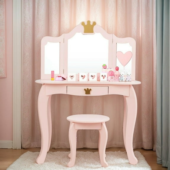 Resenkos Kids Makeup Dressing Table with Tri-folding Mirror and Stool-Pink, Kids Makeup Vanity for Girls Kids