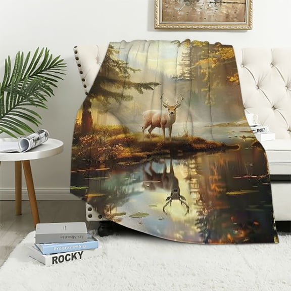 BCIIG Deer Forest Lake Warm Lightweight Blanket Soft Fleece Throw Blanket Sofa Decor Gifts Blanket All Seasons Long-lasting Blanket 40x50in
