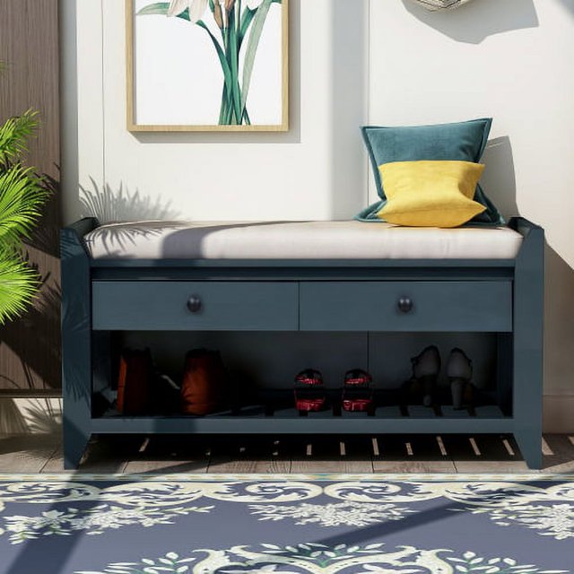 Shoe Rack Storage Bench With Cushioned Seat & 2 Sliding Drawers, Multipurpose Entryway Hallway Bench (Antique Navy)