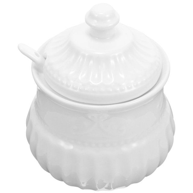 Azucarero de cerámica con cuchara, accesorio para barra de café, salero de estilo europeo, especias, dulces, tapa de tarro, recipiente para condimentos de cocina, color blanco