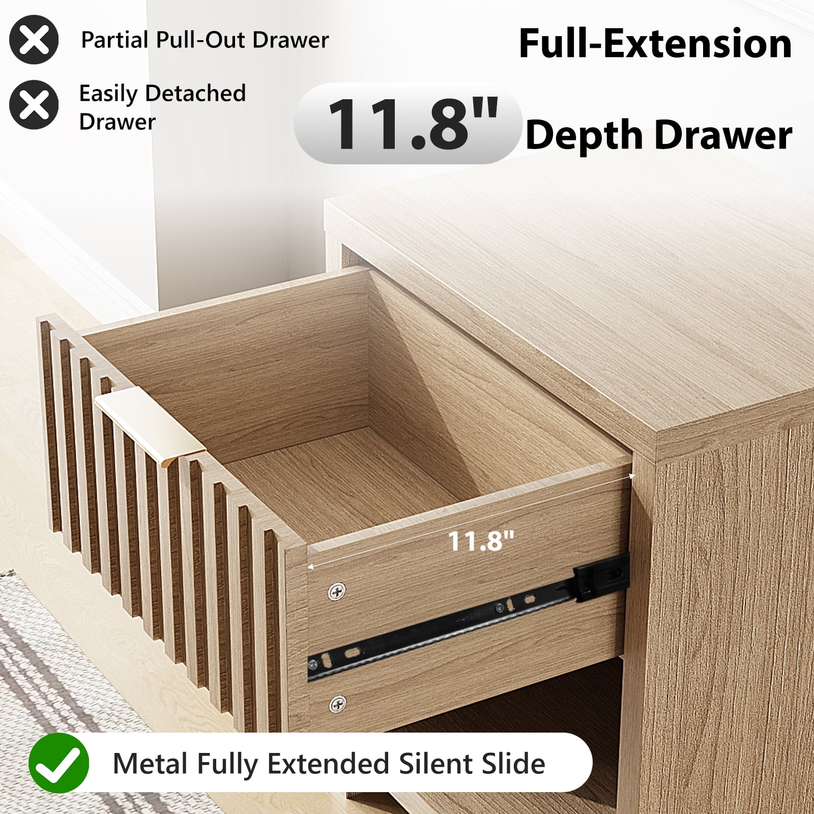 Ktaxon Fluted Nightstand, Walnut Night Stand, Wooden End Table, Bedside Table for Bedroom Sofa Home Office,Curved Corners Design