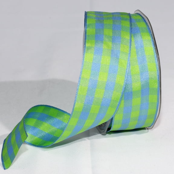 The Ribbon People Green and Blue Gingham Wired Woven Edge Craft Ribbon 1.5" x 27 Yards