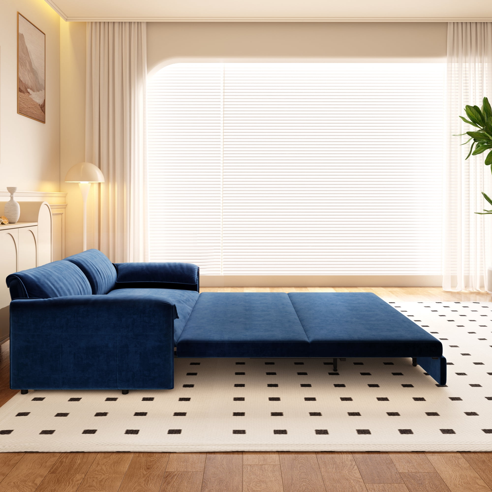 HOQBN Queen Pull Out Sofa Bed, 3-in-1 Convertible Sleeper Sofa with Side Storage,66"W Multi-Functional Velvet Loveseat Sofa Bed for Living Room,Blue