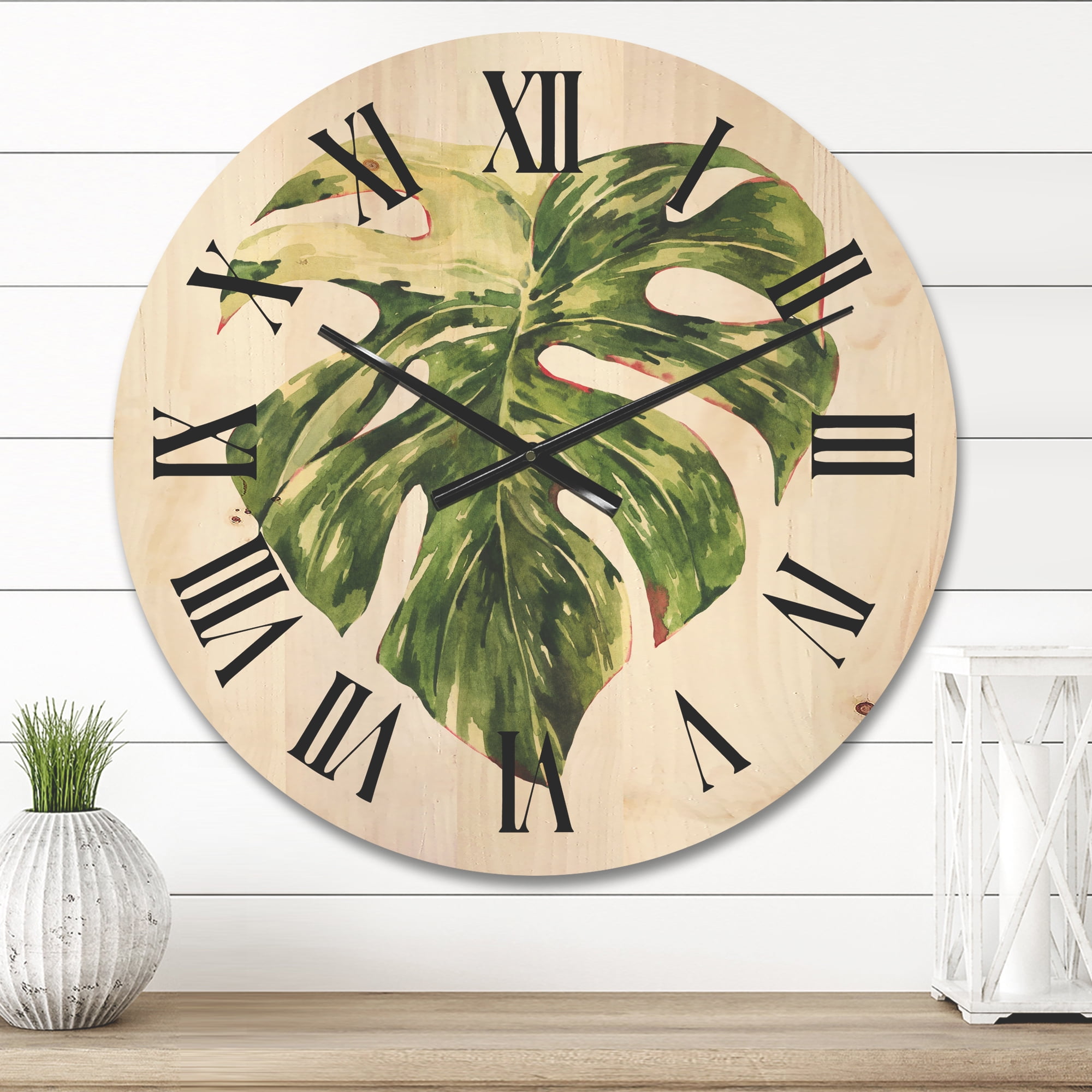 Designart 'Tropical Green Leaves On White In Summer Times III' Tropical Wood Wall Clock
