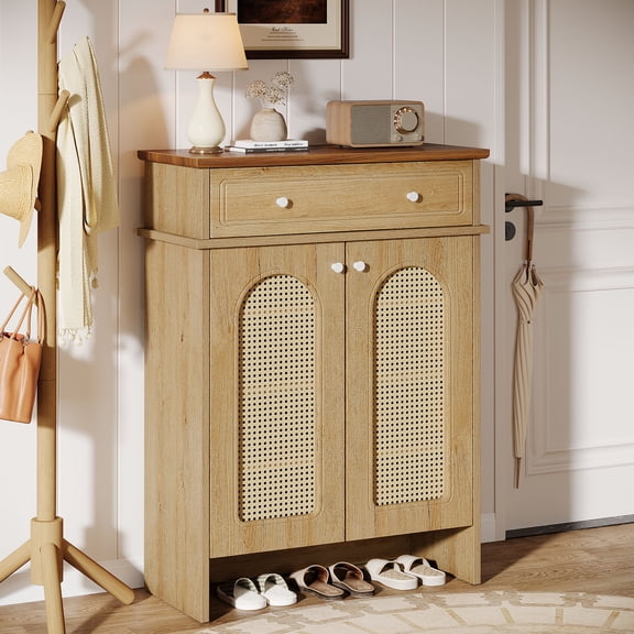 Finmind 43.3" Tall Shoe Cabinet with 2 Doors, 4-Tier Farmhouse Shoe Rack with Drawer and Adjustable Shelves, for Entryway, Bedroom, Natural & Walnut