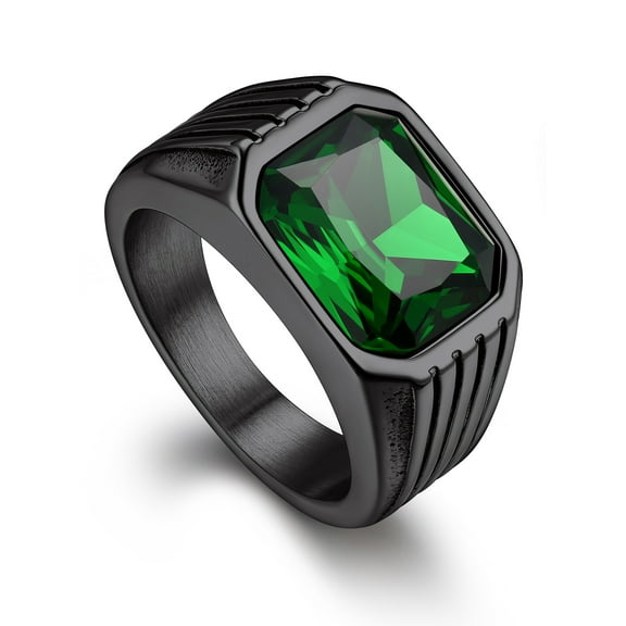 Bandmax Chunky Gemstone Rings for Men Women Stainless Steel Stripe Band Emerald Cubic Zirconia Ring for Wedding Engagement Anniversary